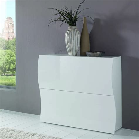 Scarpiera 101x81h Cm In Legno Bianco Lucido Con 2 Ante A Ribalta Moss