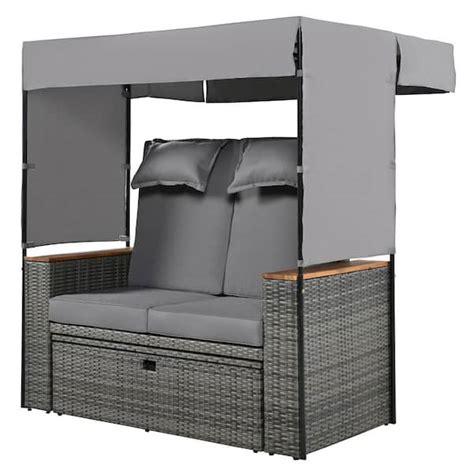 Cesicia 57 in.W 2-Person Metal Outdoor Bench with Roof Grey Cushion and ...