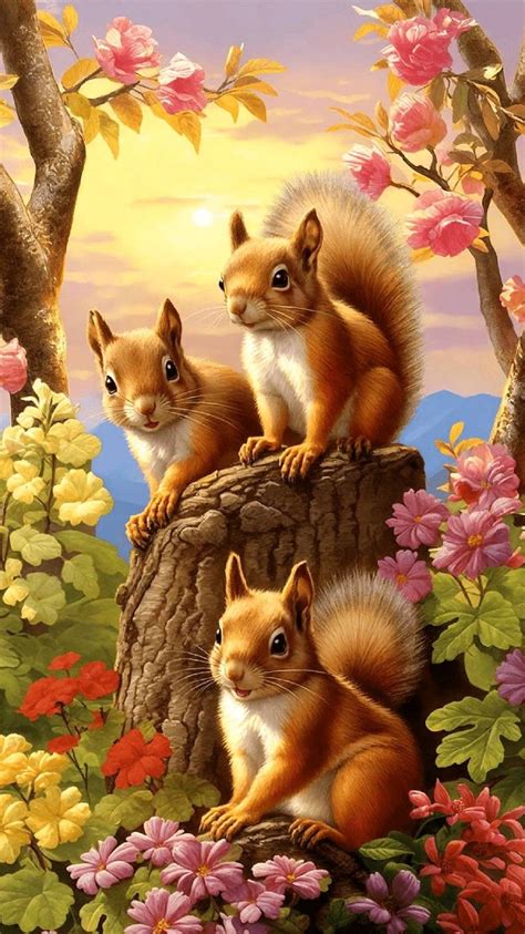 Three Squirrels Sitting On Top Of A Tree Stump With Flowers In The