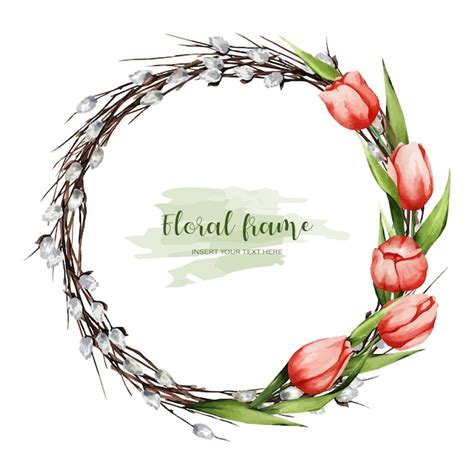 Premium Vector Frame With Tulips And Pussy Willow Branches Spring
