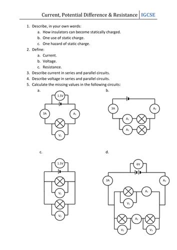 Current Voltage And Resistance Worksheet Englishworksheet My Id