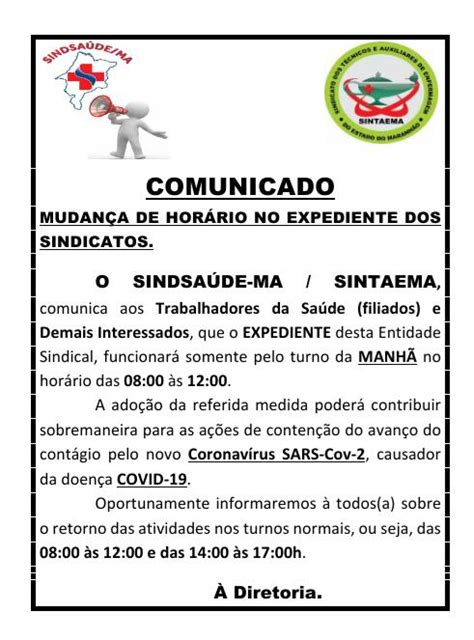 COMUNICADO MUDANÇA HORÁRIO EXPEDIENTE Sindsaúde MA