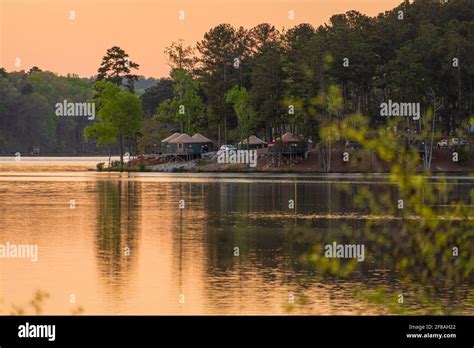 Lakeside Yurts At Sunset Along Stone Mountain Lake At The Stone
