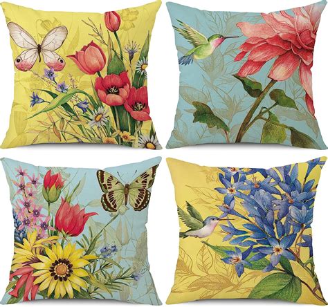 Wyooxoo Spring Summer Pillow Covers 20x20 Set Of 4 Decorative Throw Pillow Covers Linen Flower