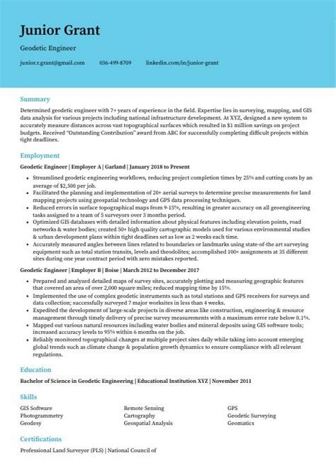 Geodetic Engineer Resume (CV) Example and Writing Guide