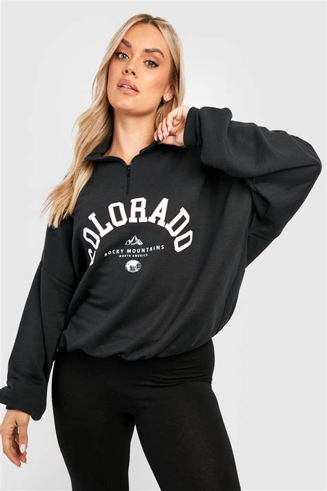 Women S Black Plus Colorado Half Zip Sweatshirt Boohoo Uk