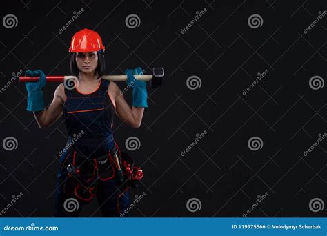 Sex Equality And Feminism Girl In Safety Helmet Holding Hammer Tool Attractive Woman Working