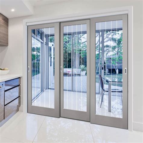 Three Sliding Doors And Frame Kit Textured Vertical 1 Light Grey Door