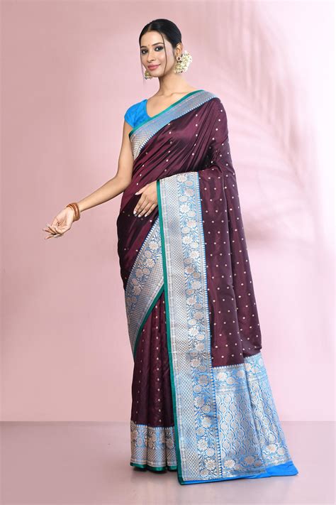 Buy Maroon Katan Silk Woven Floral Pattern Saree With Running Blouse