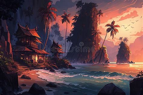 Beautiful Sunset On A Costal Village Stock Illustration Illustration
