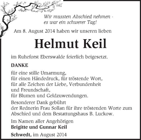 Traueranzeigen Von Helmut Keil M Rkische Onlinezeitung Trauerportal