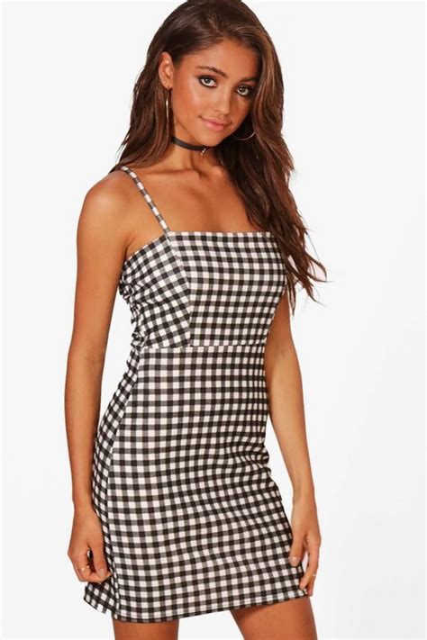 Gingham Square Neck A Line Dress Boohoo