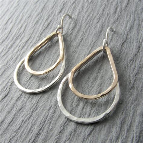 Silver And Gold Earrings Teardrop Earrings Mixed Metal Dangle Earrings