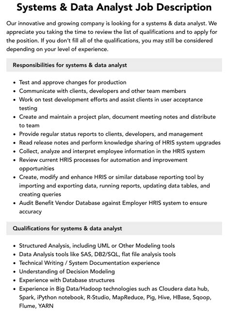 Systems And Data Analyst Job Description Velvet Jobs