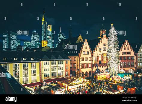 Christmas Market In The Evening Beautifully Lit Festival On The