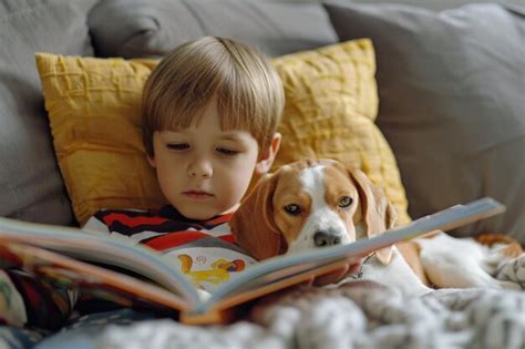 El niño está tendido en un sofá y leyendo un libro a su lindo cachorro