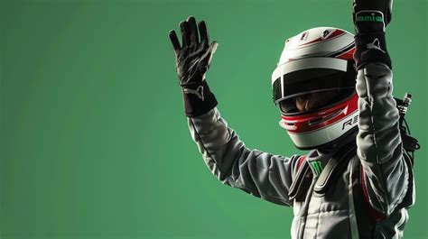 A Race Car Driver In Full Gear Celebrates A Victory Raising Both Arms