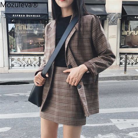 Vintage Blazer Skirt Sets Long Sleeve Plaid Blazer Jacket Female A Line