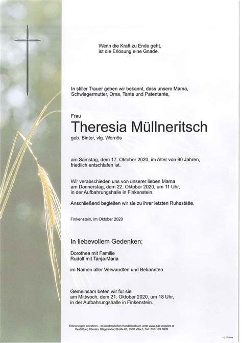 Parte für Theresia Müllneritsch pax requiem