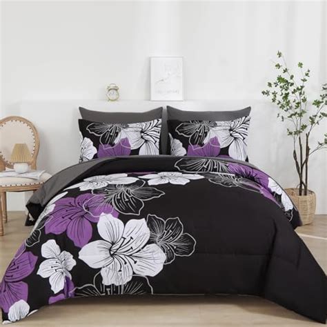 Luxudecor Floral Comforter Set King Size 7 Pieces Bed In A Bag Purple