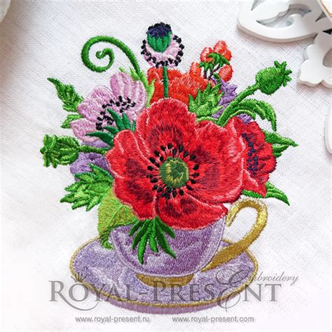 Machine Embroidery Design Teacup Floral Composition Royal Present Embroidery Machine