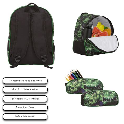 Kit Mochila Infantil Masculina Incrível Hulk Lancheira USA Magazine