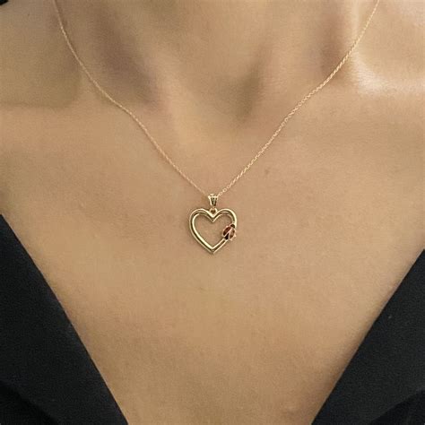 14K Real Solid Gold Heart Pendant Necklace With Ladybug