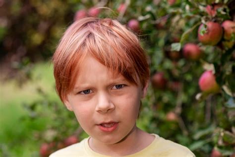 Menino De Nove Anos Em Um Pomar De Ma S Foto Premium