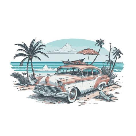 Premium Vector Vintage Beach Van With Surf Board Long Beach Summer