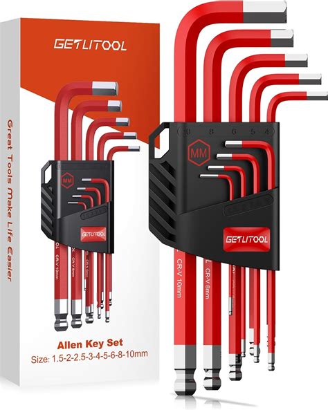 Getlitool Allen Key Set 9pcs Cr V Metric Allen Wrench Set 1 5 10mm Ball End Hex Key L Key Set