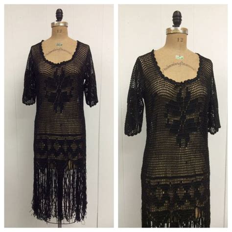 1920s Crochet Fringe Flapper Dress 20s Black Fringe Flapper Dress