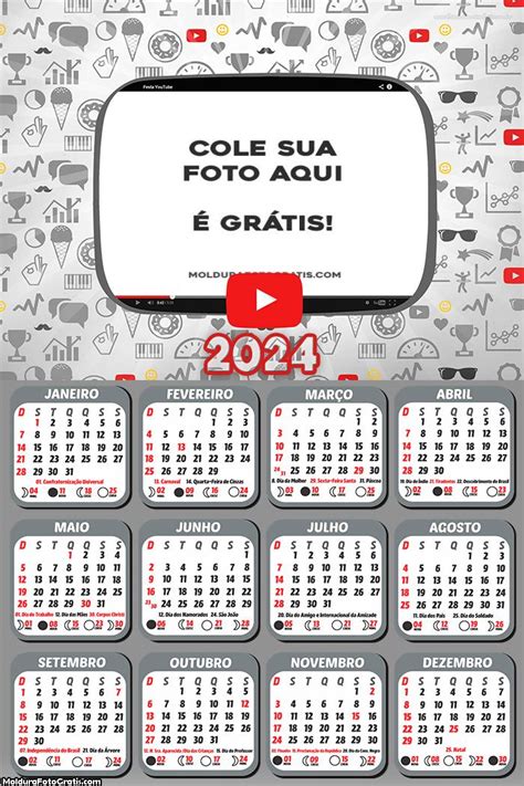 Calendário Tema Youtube 2024 Foto Molduras