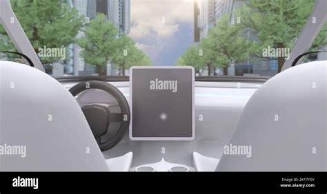 Image of image game simulation screen showing car cockpit driving through city streets. Virtual ...