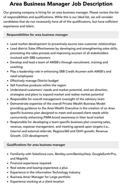 Area Business Manager Job Description Velvet Jobs