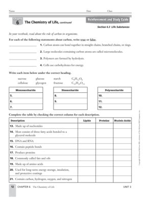 Reinforcement The Chemistry Of Life Answer Key Fill Online Printable