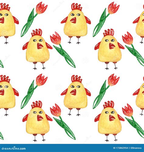 Watercolor Seamless Pattern With Chicken Hen With A Tulip Isolated On