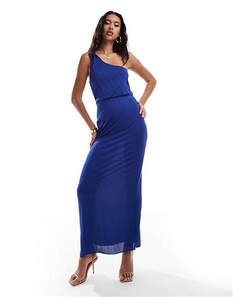 Asos Design Twist One Shoulder Pleated Maxi Dress In Blue Asos