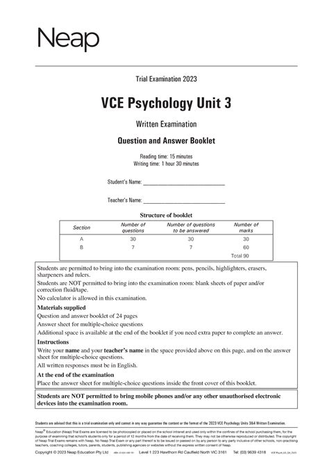 VCE Psychology Unit 3 Question And Answer Booklet 2023 Trial