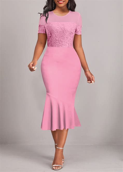 Pink Lace Short Sleeve Round Neck Bodycon Dress Modlily USD 37 98