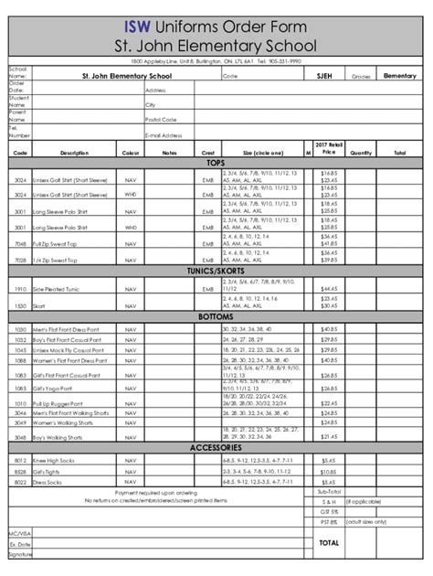 Fillable Online Elem Hcdsb ISW Uniforms Order Form St Paul Catholic