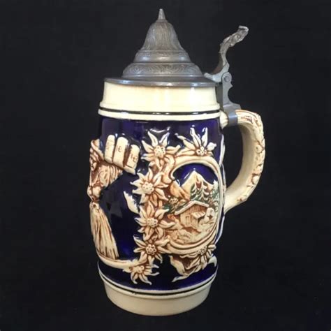 Vintage German Hand Painted Cobalt And Pewter Lidded Beer Stein