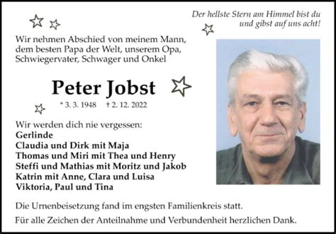 Traueranzeigen Von Peter Jobst Trauerportal Ihrer Tageszeitung