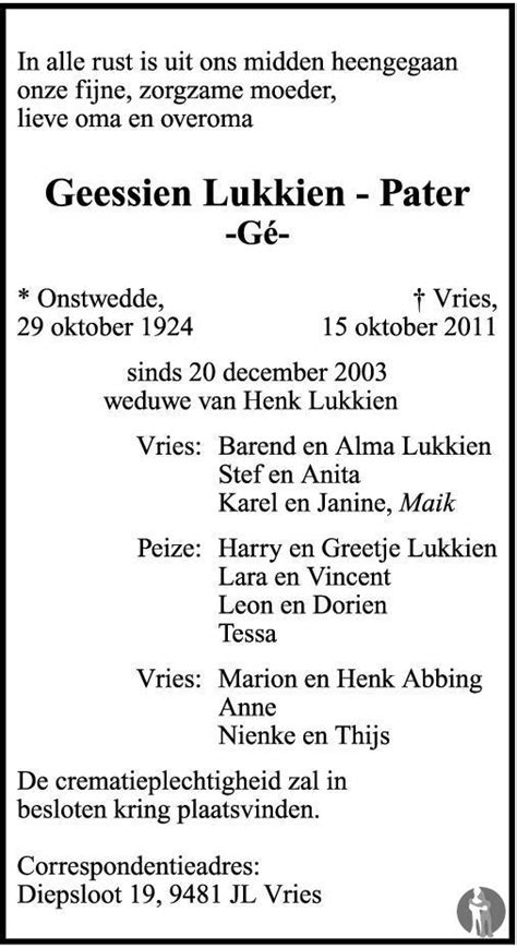 Geessien Gé Lukkien Pater 15 10 2011 overlijdensbericht en