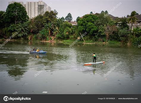 Tangerang Banten October Woman Uses Wide River Play Rowing Stock