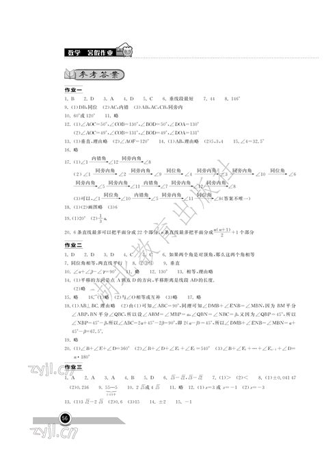 2022年长江作业本暑假作业七年级数学人教版湖北教育出版社答案——青夏教育精英家教网——