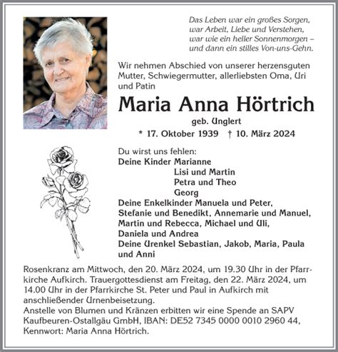 Traueranzeigen von Maria Anna Hörtrich Allgäuer Zeitung