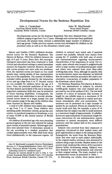 Developmental Norms For The Sentence Repetition Test