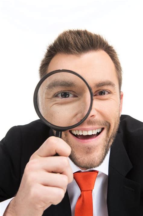 Happy Man Looking Through Magnifying Glass Stock Image Image Of Handsome Magnifying 44057335