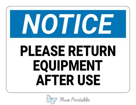 Printable Please Return Equipment After Use Notice Sign