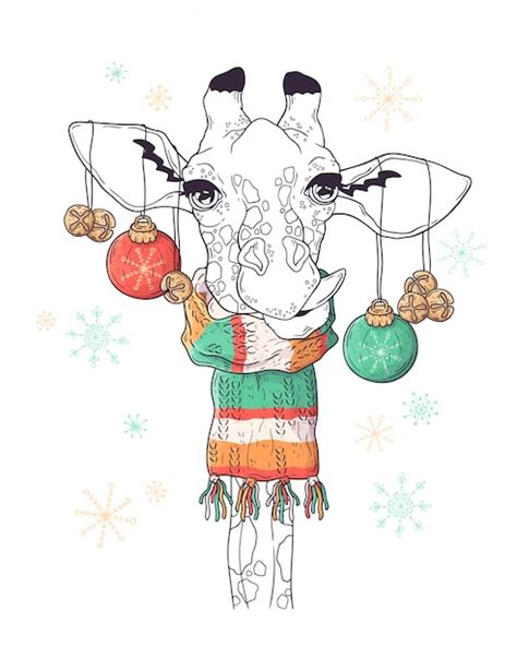 Premium Vector Hand Drawn Portrait Of Giraffe In Christmas